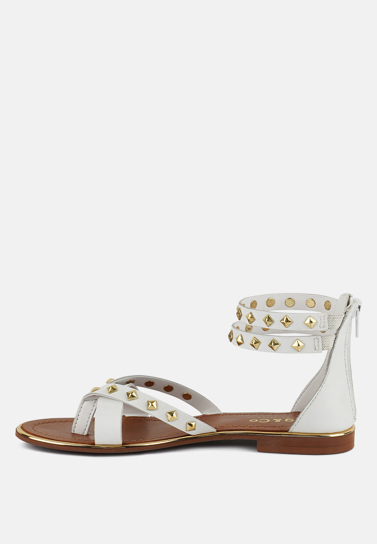 EMMETH Studs Embellished White Flat Gladiator Sandals#color_white