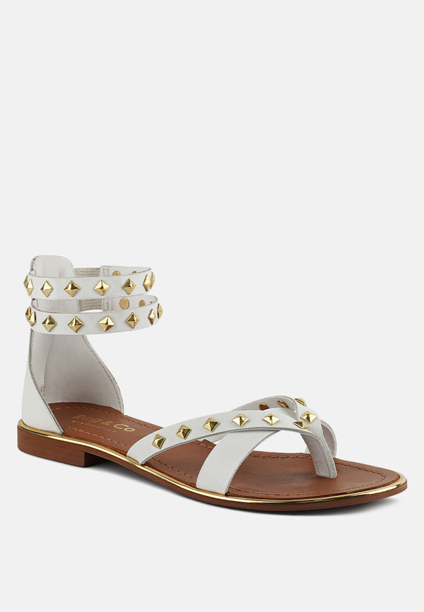 EMMETH Studs Embellished White Flat Gladiator Sandals#color_white