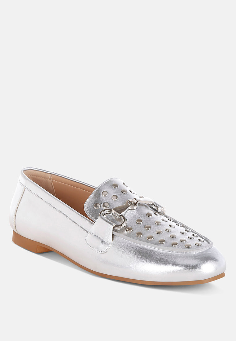 estafa horsebit & studs metallic pleather loafers#color_silver