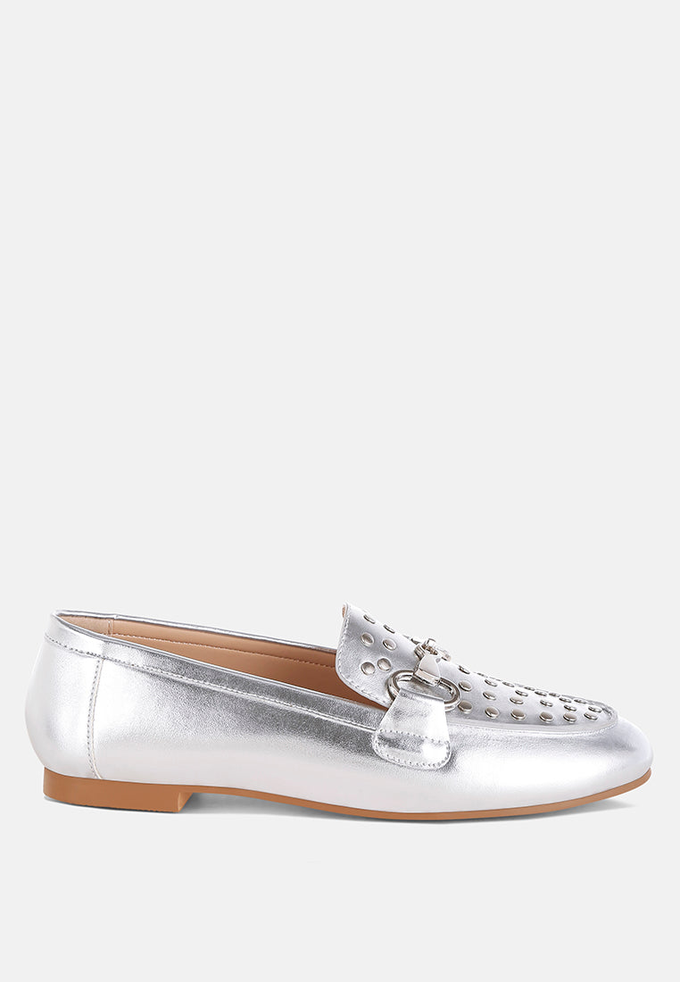 estafa horsebit & studs metallic pleather loafers#color_silver