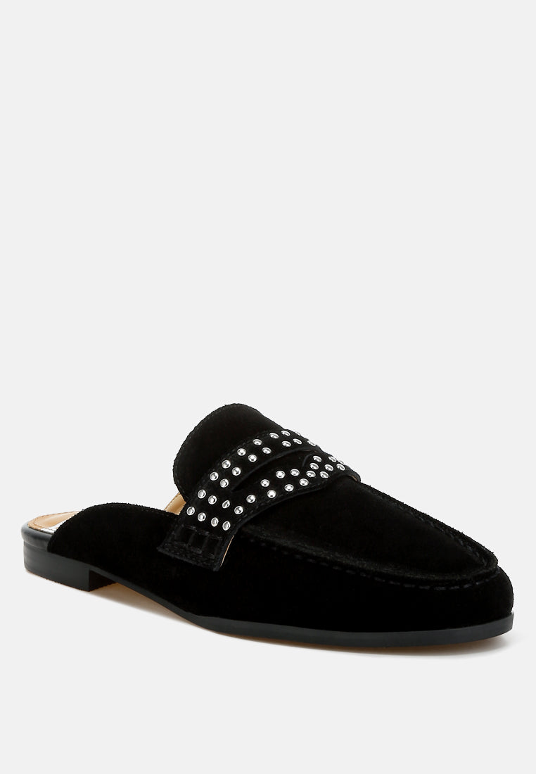 eve park stud embellished penny strap mules#color_black