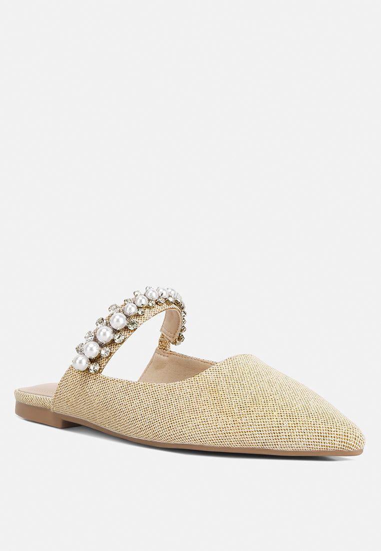 GEODE Pearl Embellished Slip On Mules#color_beige