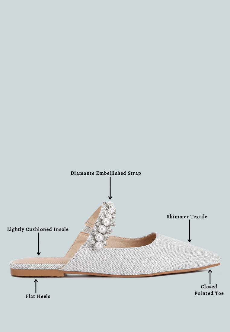 GEODE Pearl Embellished Slip On Mules In Silver#color_silver