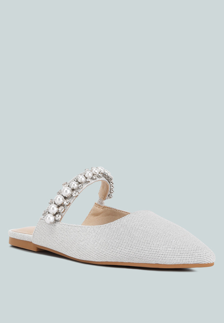 GEODE Pearl Embellished Slip On Mules In Silver#color_silver