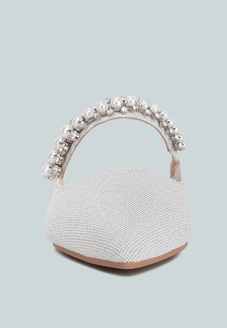 GEODE Pearl Embellished Slip On Mules In Silver#color_silver