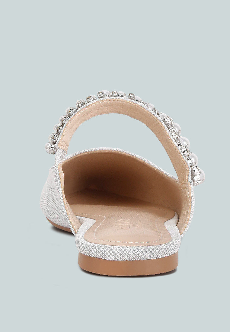 GEODE Pearl Embellished Slip On Mules In Silver#color_silver