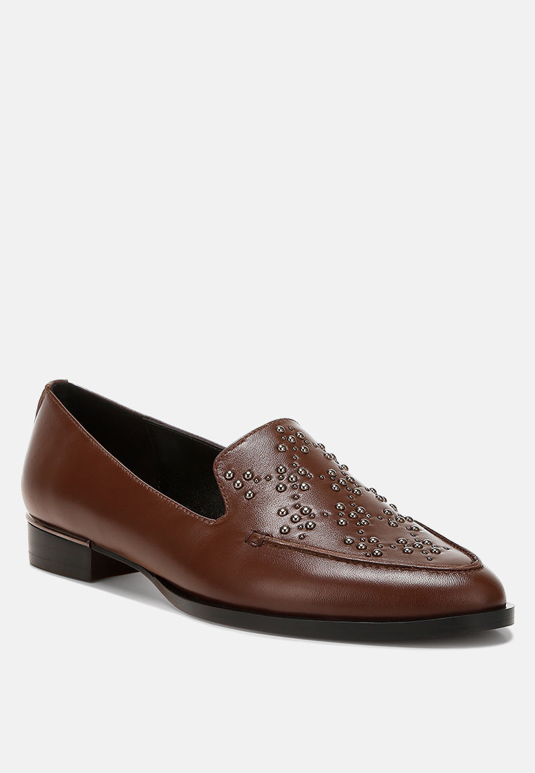 gabassi studded genuine leather loafers#color_brown