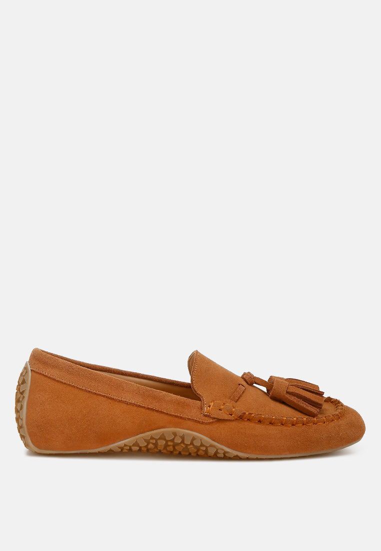 kipstar suede round toe tassel loafers#color_tan