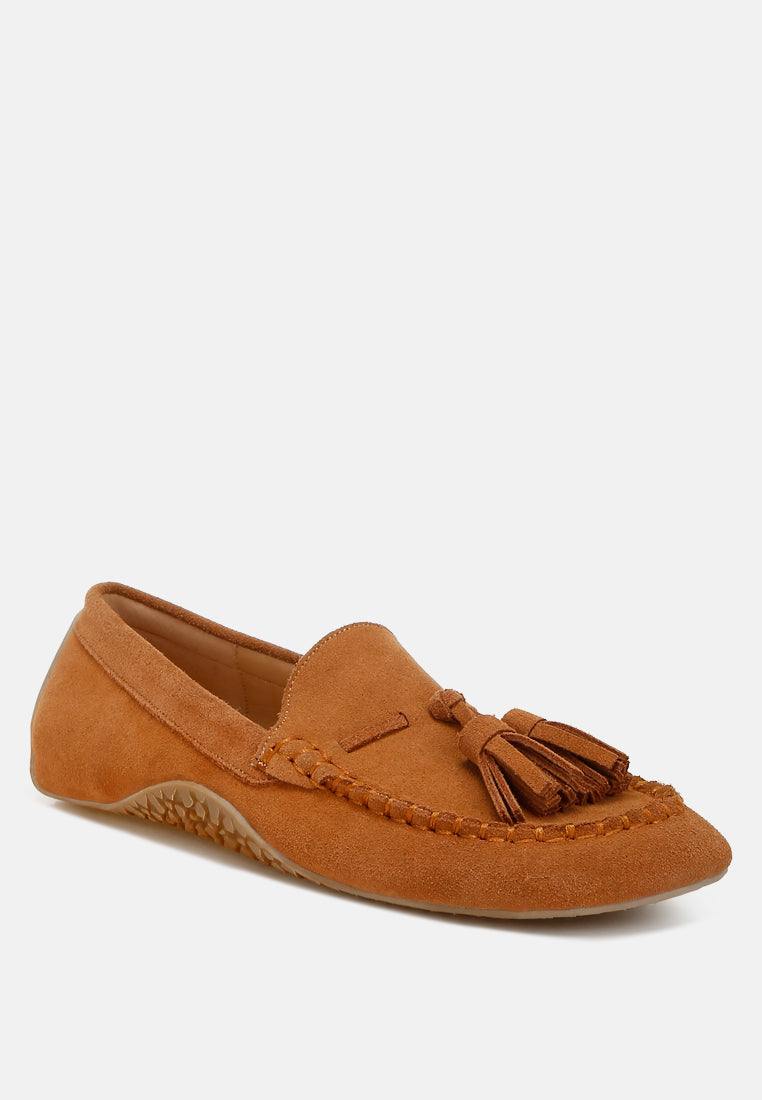 kipstar suede round toe tassel loafers#color_tan