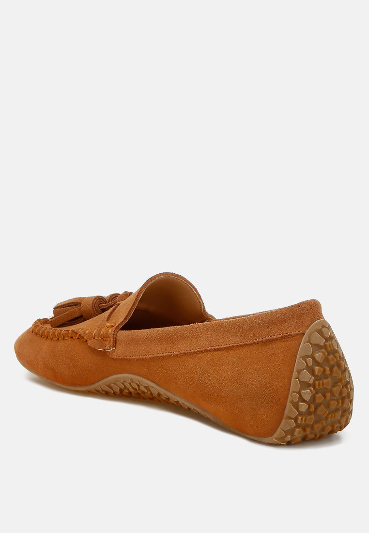 kipstar suede round toe tassel loafers#color_tan