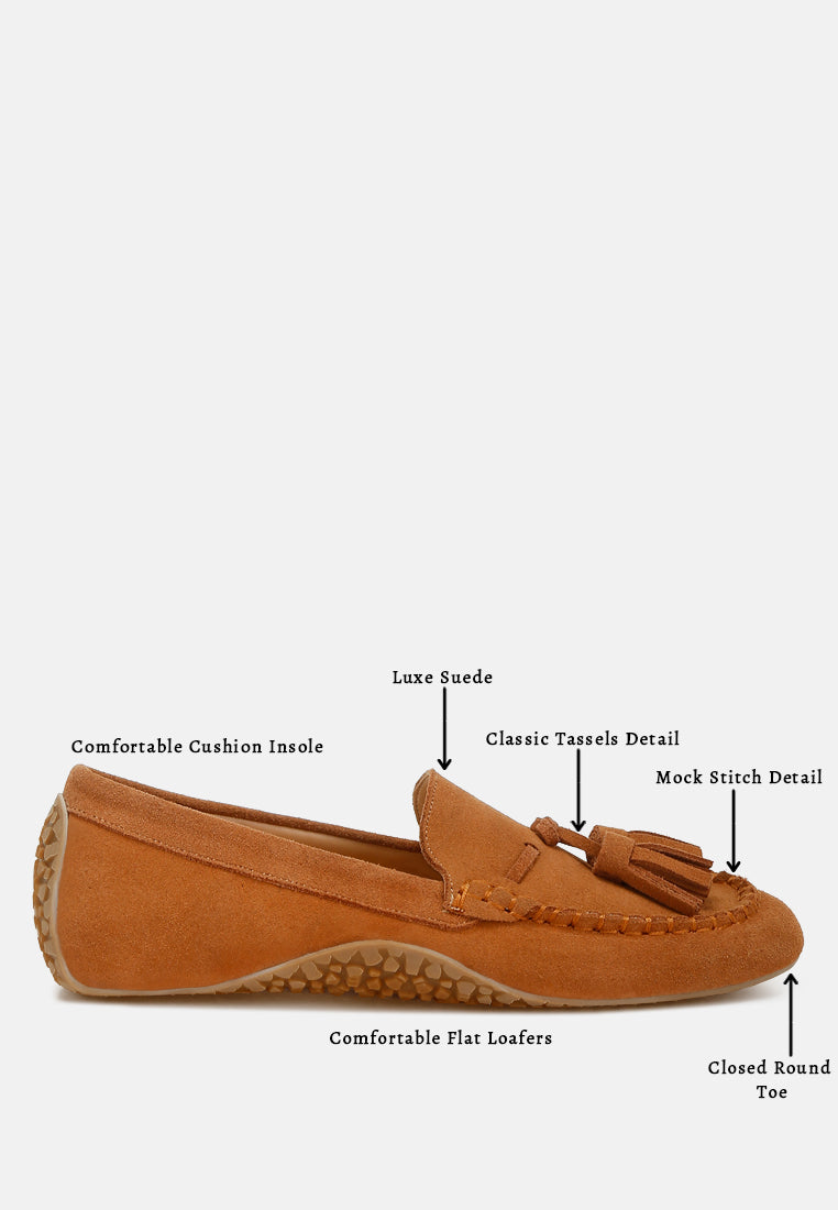 kipstar suede round toe tassel loafers#color_tan