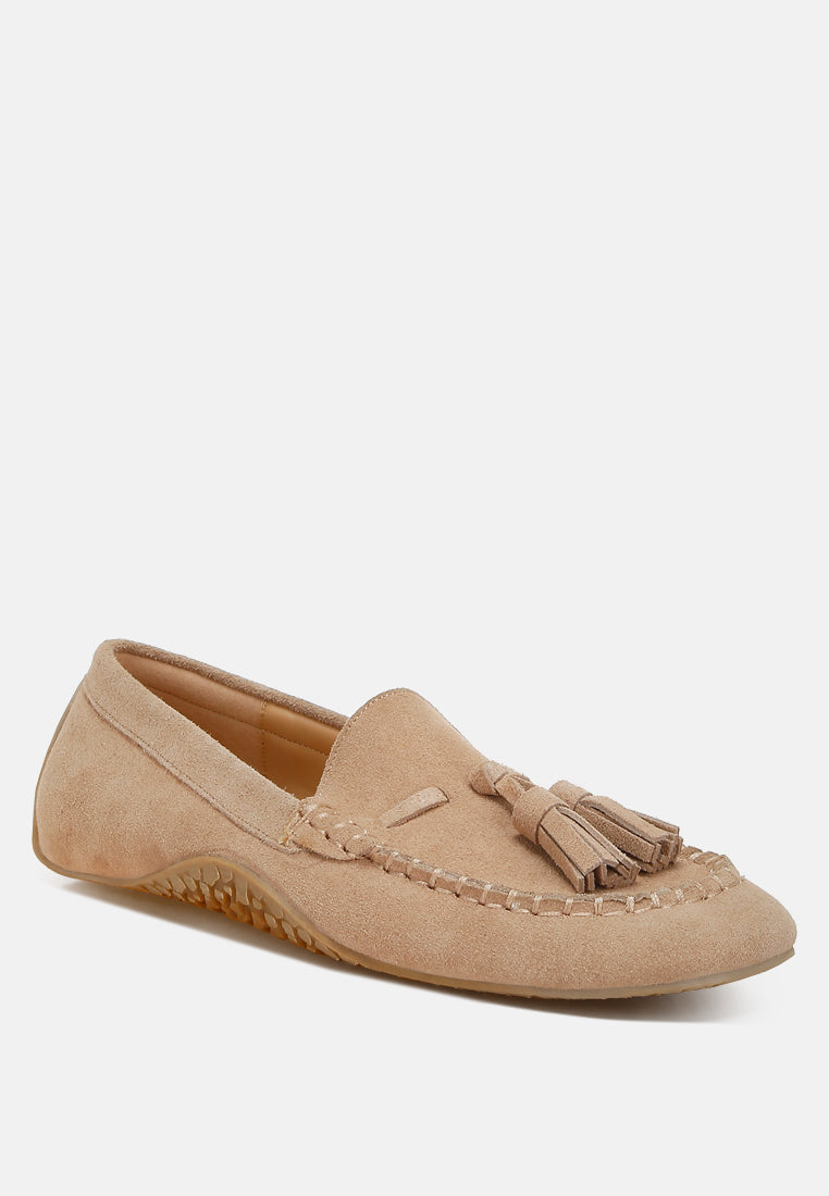 kipstar suede round toe tassel loafers#color_beige