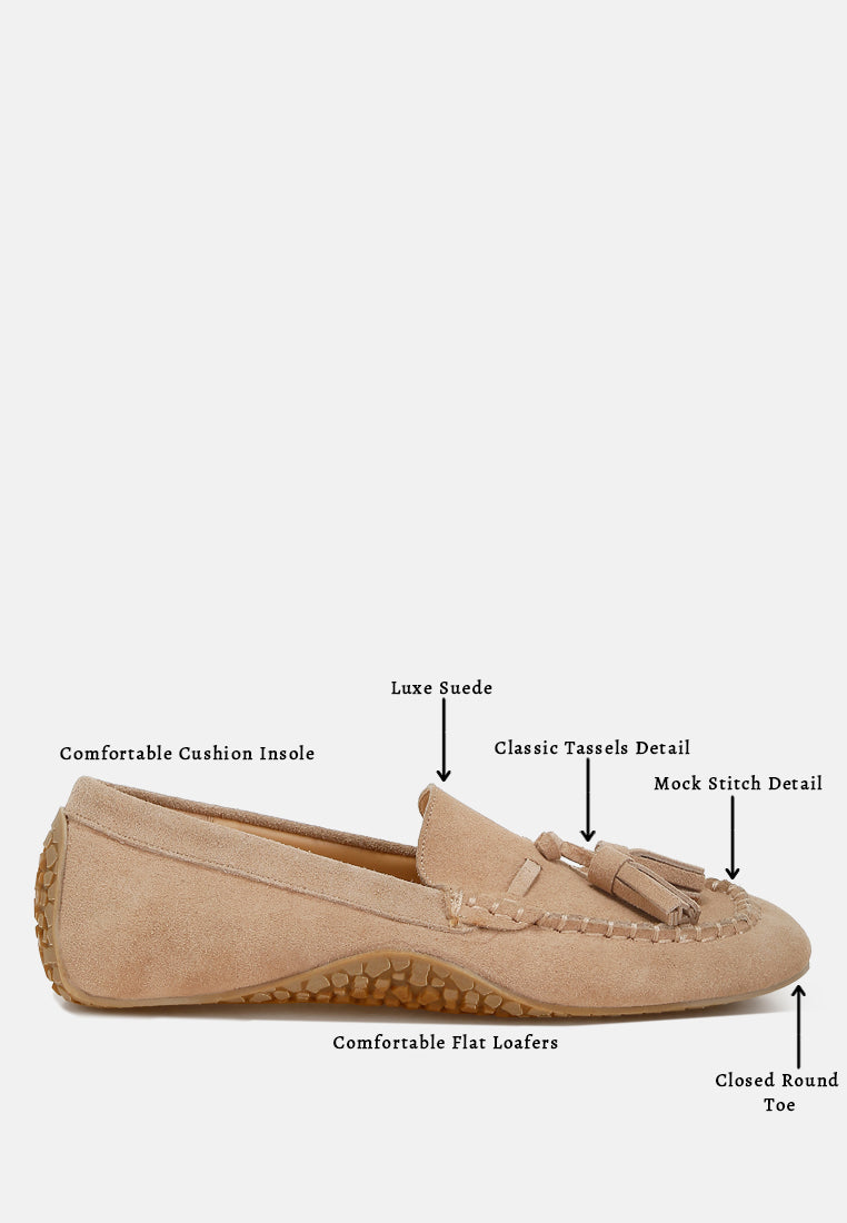 kipstar suede round toe tassel loafers#color_beige