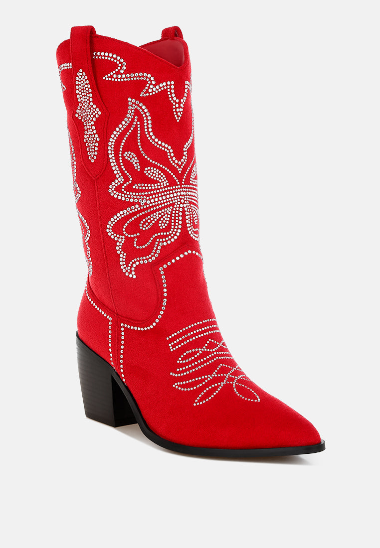 latafa rhinestones embellished cowboy boots#color_red