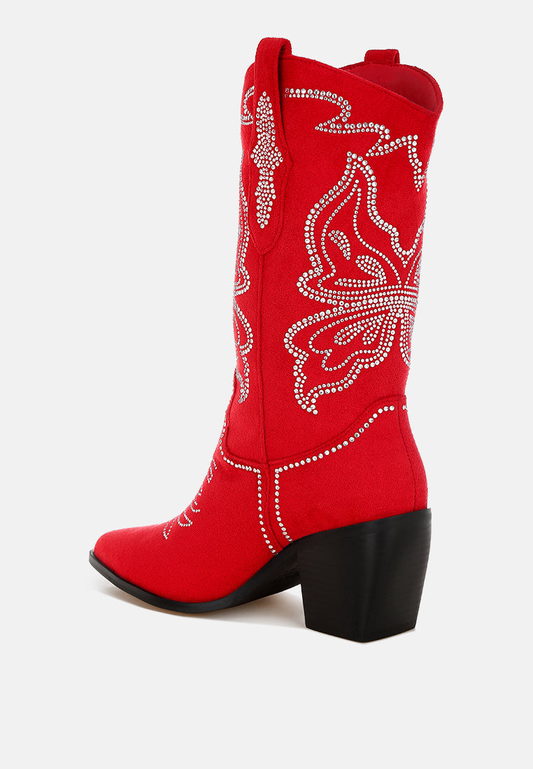 latafa rhinestones embellished cowboy boots#color_red