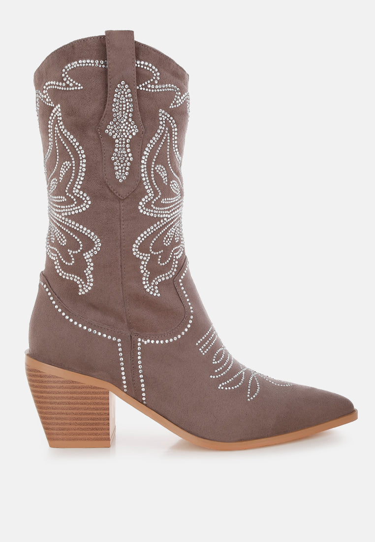 latafa rhinestones embellished cowboy boots#color_taupe