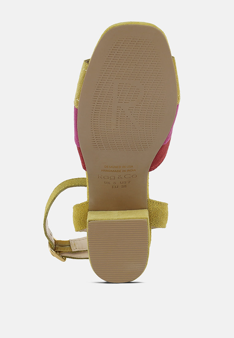 MON-BEAU Fine Suede Block Heeled Sandal#color_yellow-multi