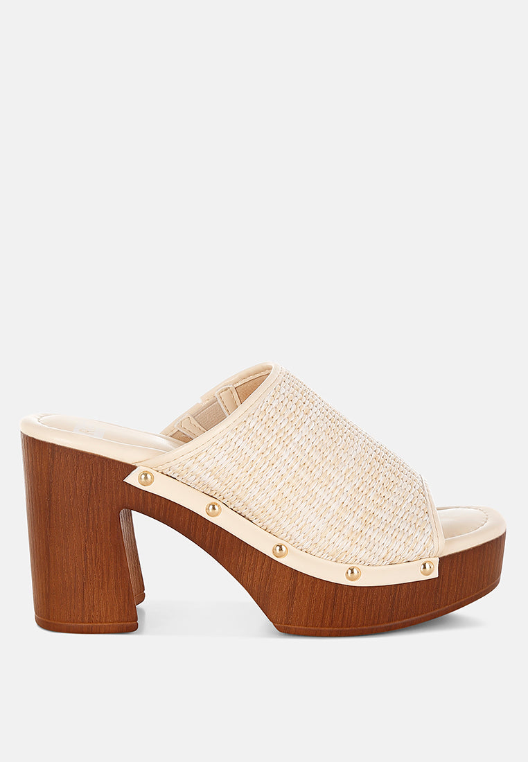FInley Raffia High Block Heel Clogs In Tan