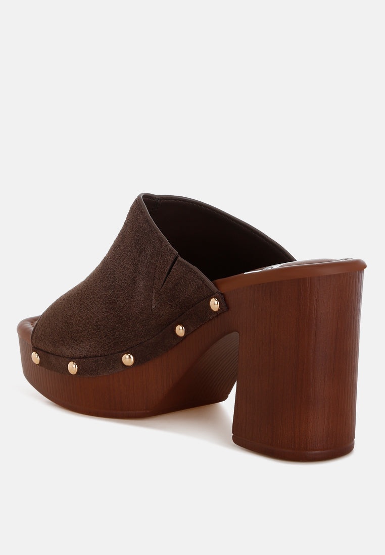 masaki soft suede leather wooden clogs#color_brown