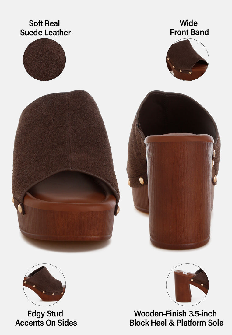 masaki soft suede leather wooden clogs#color_brown