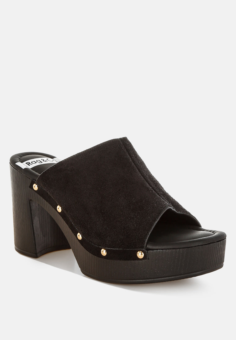 masaki soft suede leather wooden clogs#color_black