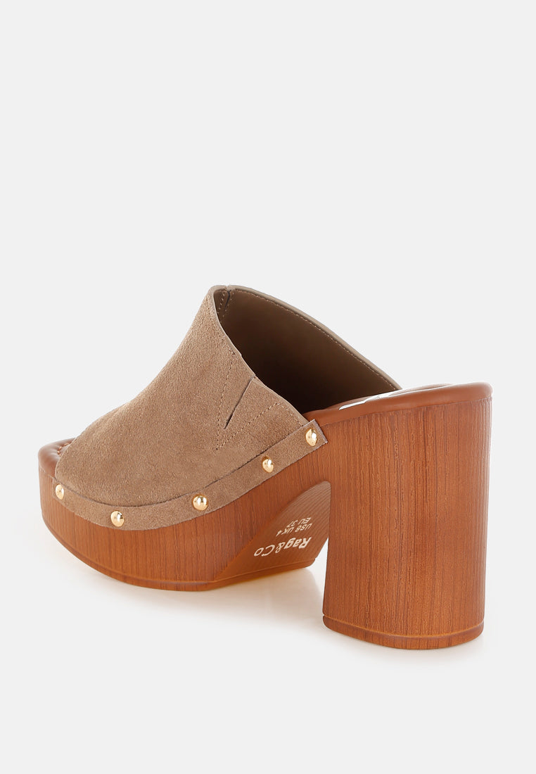 masaki soft suede leather wooden clogs#color_taupe