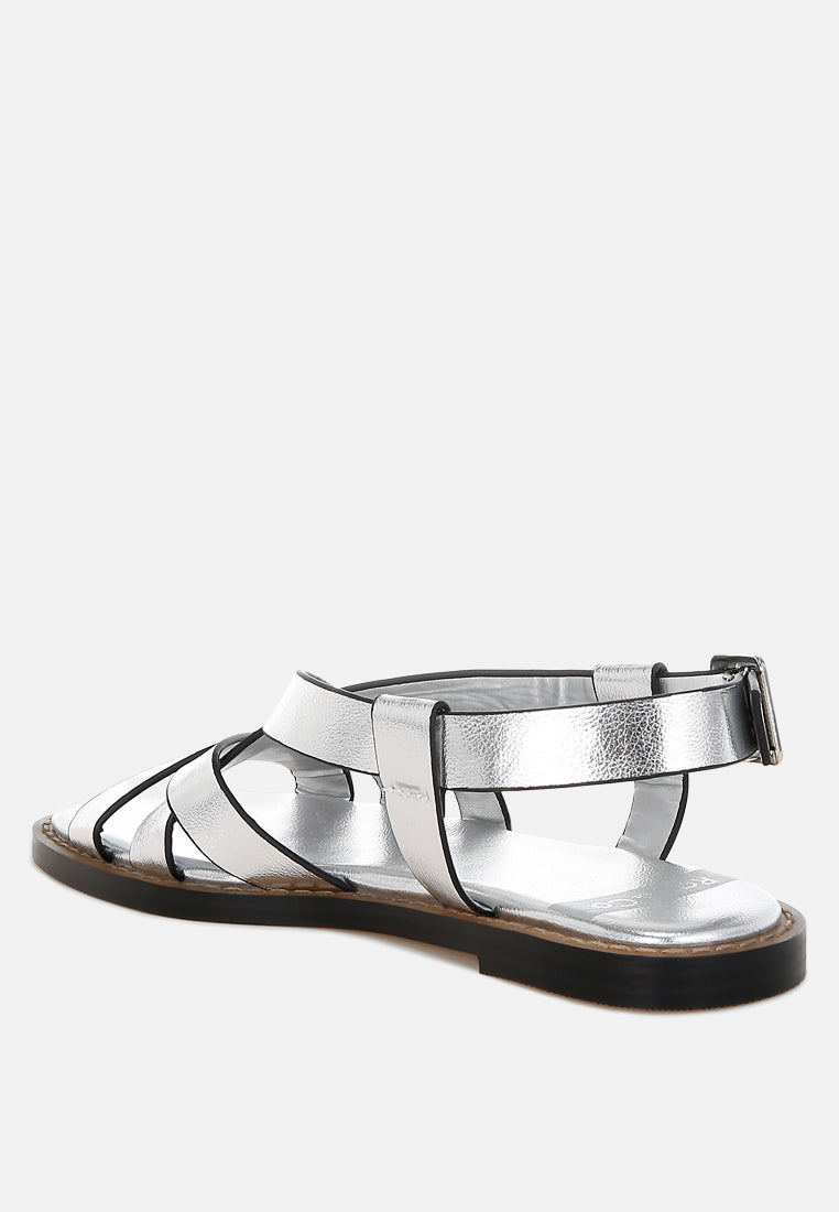 doata metallic genuine leather buckled flats#color_silver