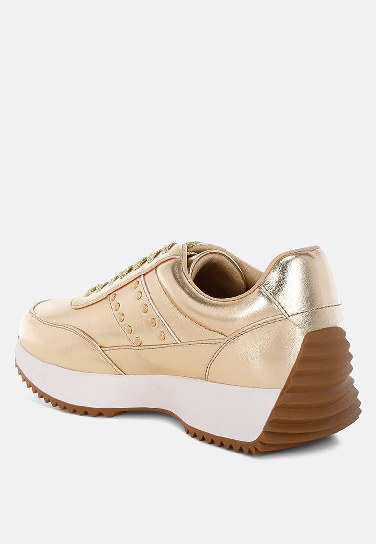 metallic pleather studded sneakers#color_gold