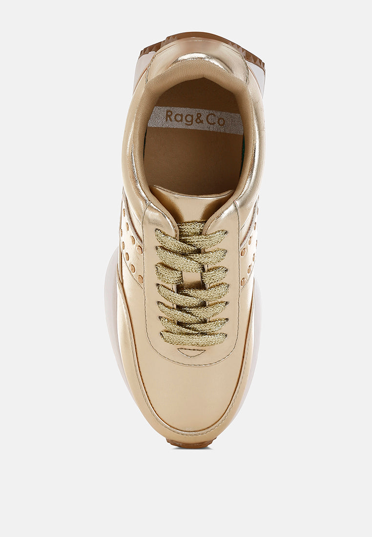 metallic pleather studded sneakers#color_gold
