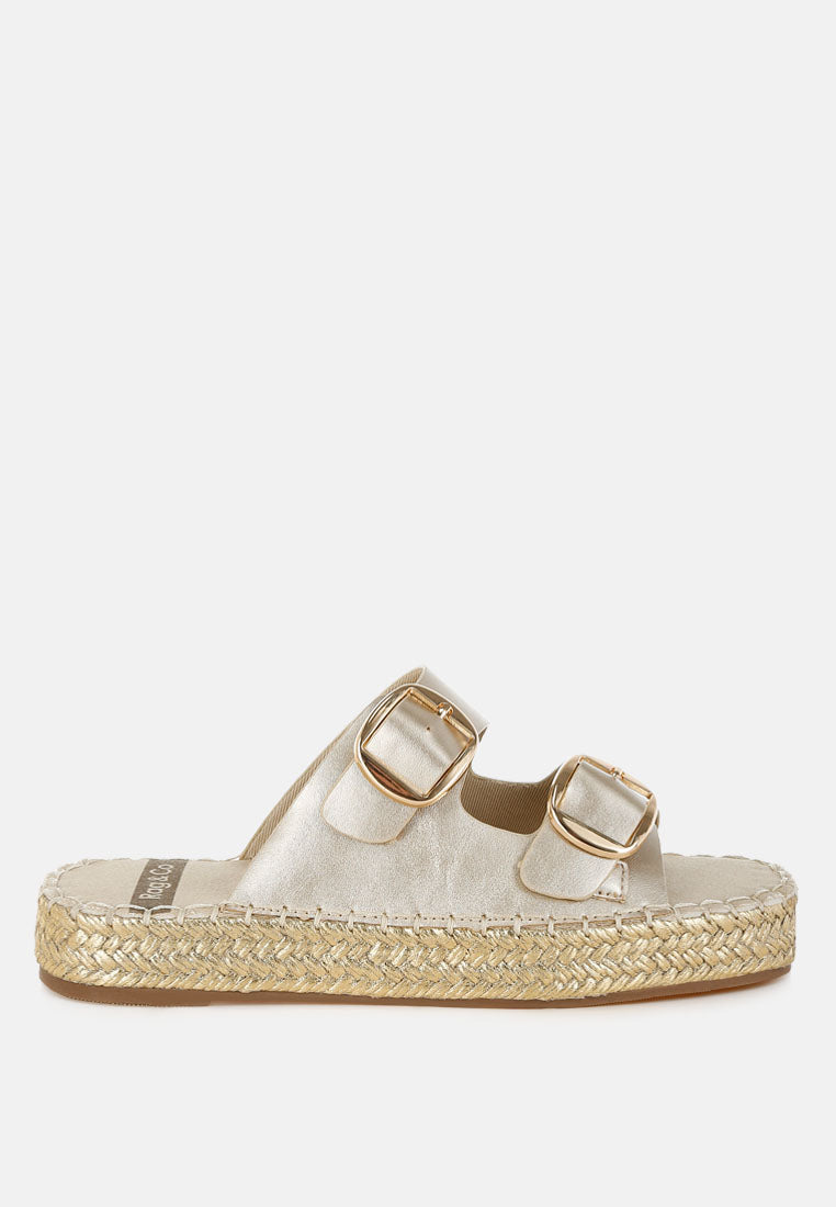 miova metallic buckle detail espadrille flatforms#color_gold