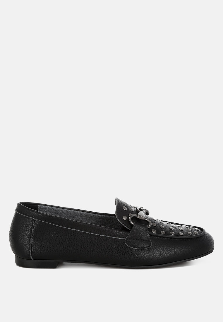 modaha horsebit & studs embellished real leather loafers#color_black