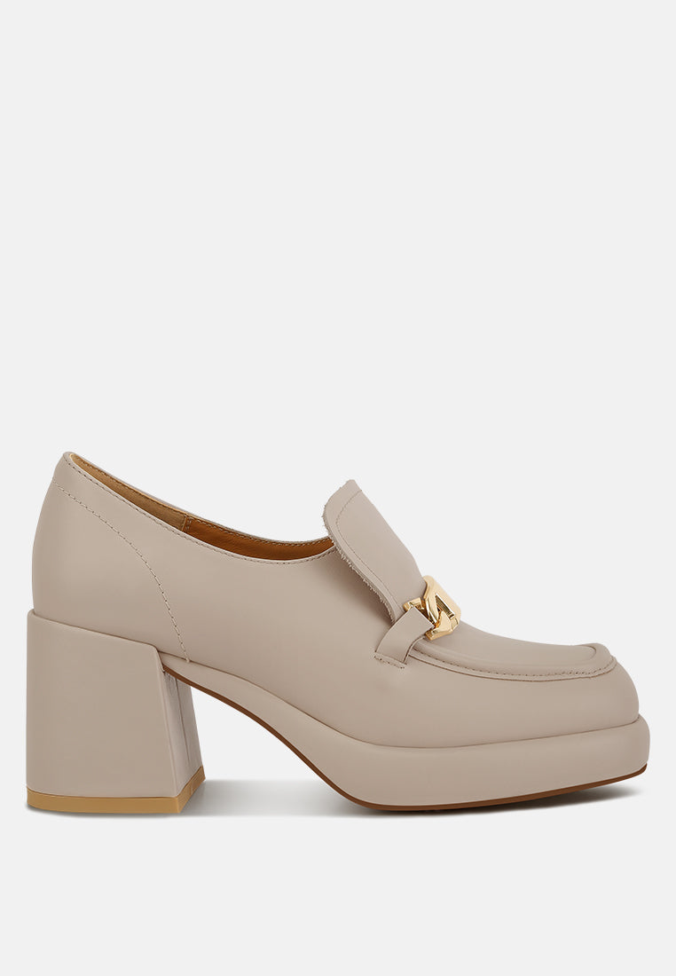 Morgan Metallic Embellishment Leather Platform Loafers in Beige#color_Beige