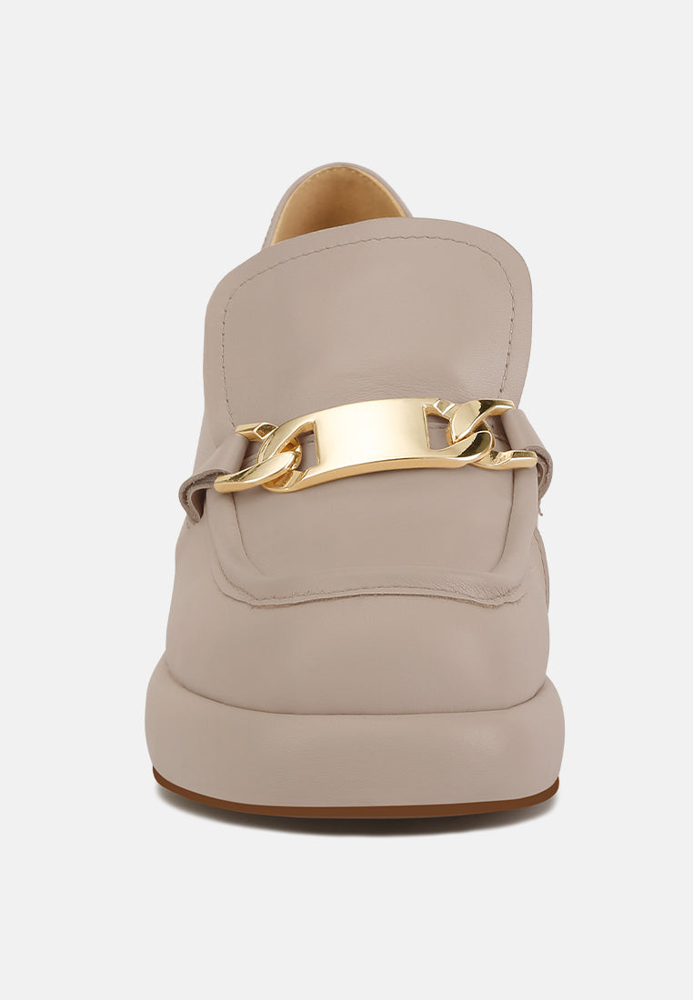 Morgan Metallic Embellishment Leather Platform Loafers in Beige#color_Beige