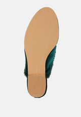 mules fur detail velvet slip-on mules#color_bottle green