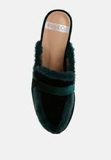 mules fur detail velvet slip-on mules#color_bottle green