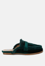 mules fur detail velvet slip-on mules#color_bottle green