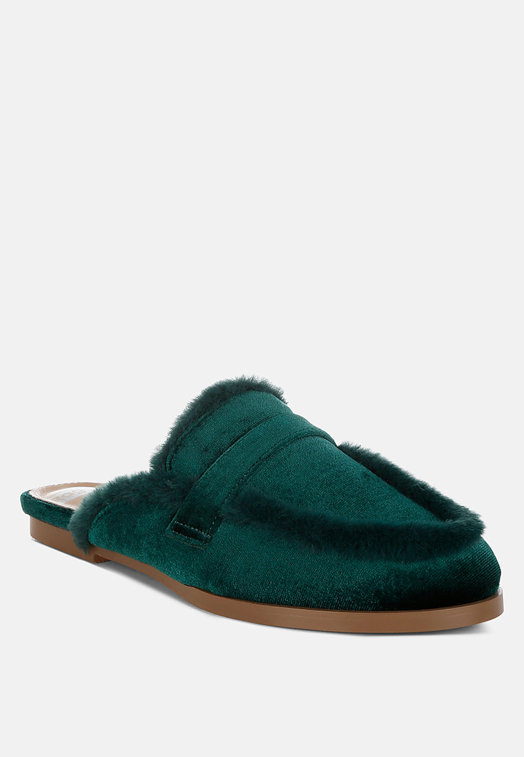 mules fur detail velvet slip-on mules#color_bottle green