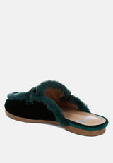 mules fur detail velvet slip-on mules#color_bottle green