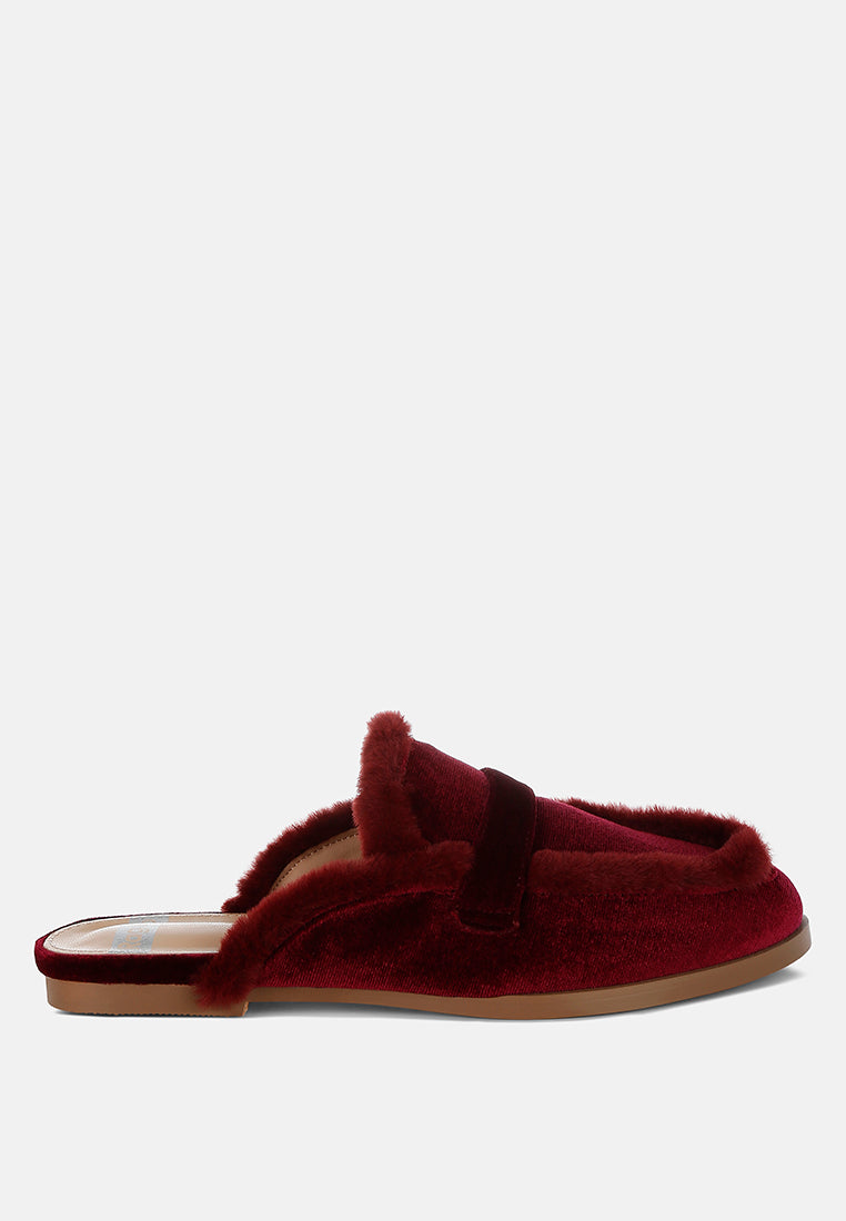mules fur detail velvet slip-on mules#color_burgundy