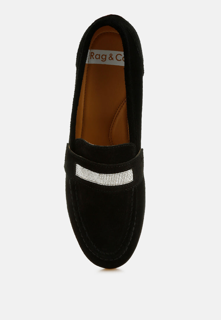 new ode rhinestone penny strap loafers#color_black
