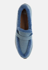 nivena fur detail denim loafers#color_blue