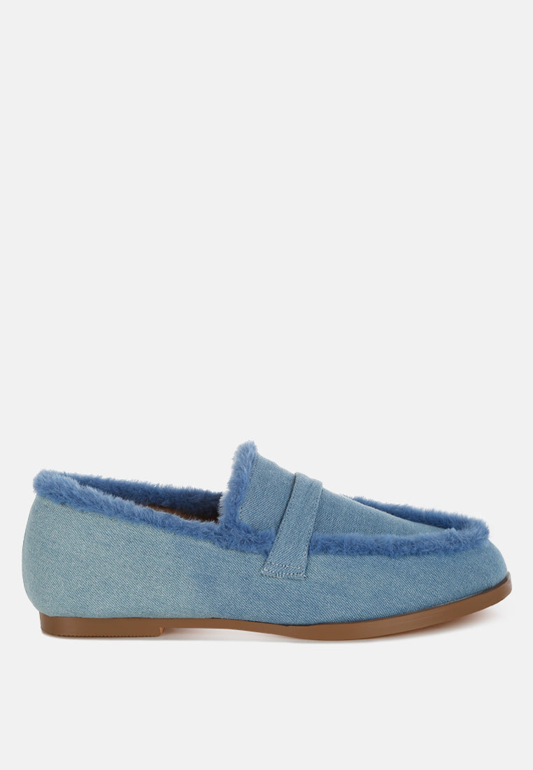 nivena fur detail denim loafers#color_blue