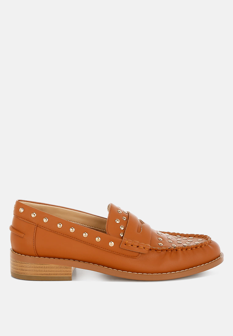 oglavia studs embellished leather loafers#color_tan