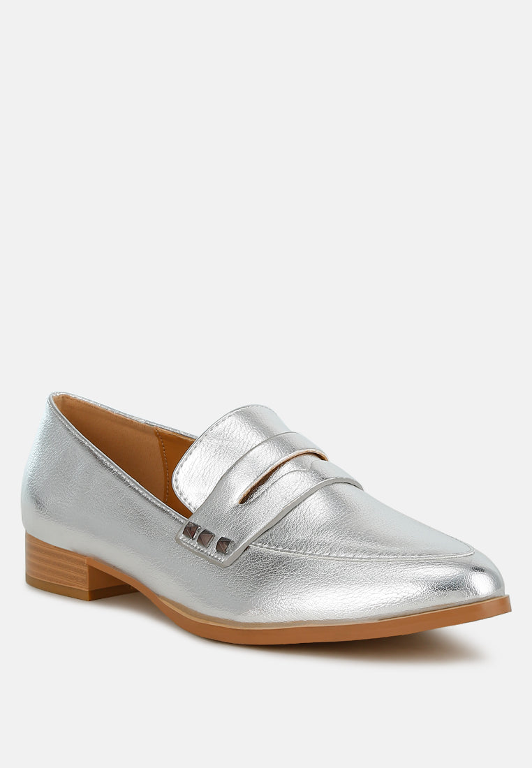 Potania Penny Strap Metallic Loafers#Color_Silver