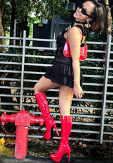 CHATTON Red Patent Stiletto Heeled Knee high Boots#color_red