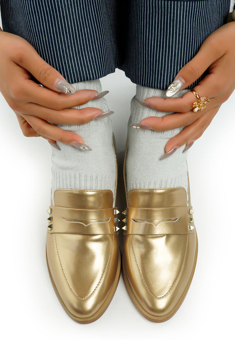 winged patent pleather penny loafers#color_gold