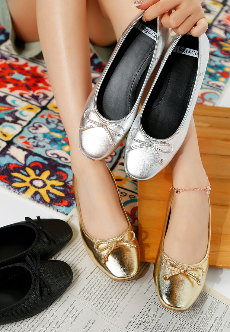 enchanted bow detail metallic ballerinas#color_silver