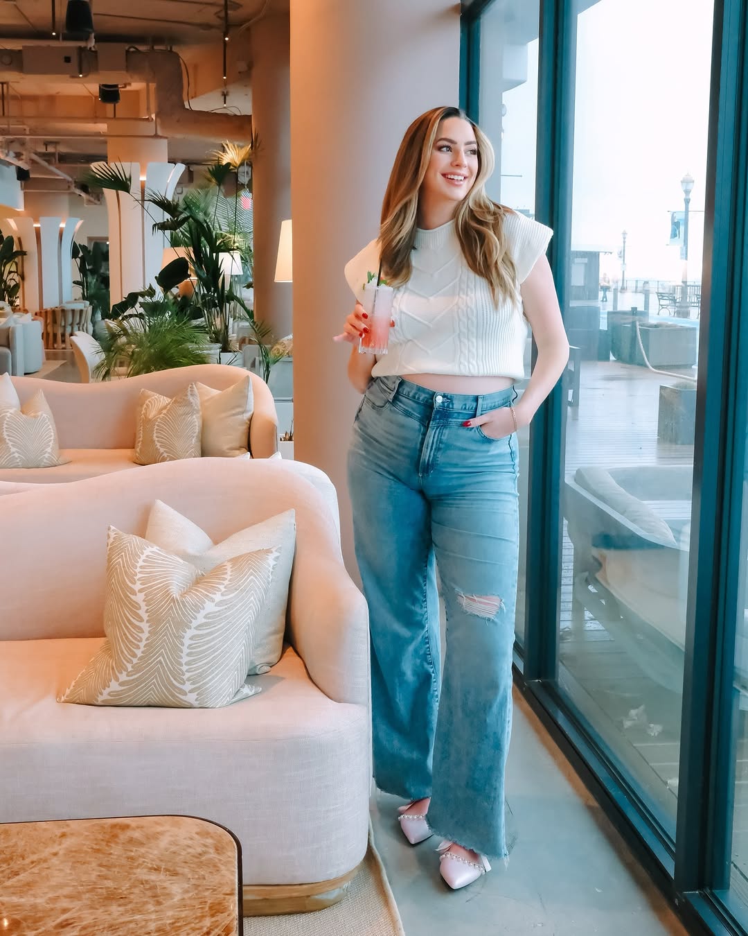 aouva rhinestone & pearl ankle strap flat sandals#color_pink