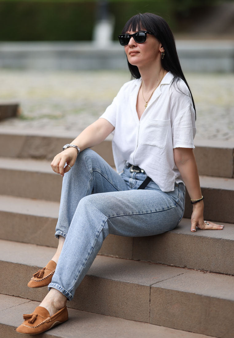 kipstar suede round toe tassel loafers#color_tan