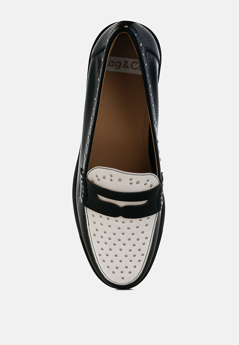 raisa stud embellished penny loafers#color_black off white